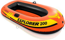Orange and yellow inflatable 2-person boat with black floor and Explorer 200 decal