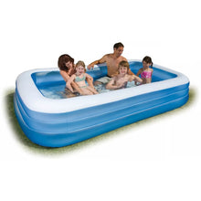 Family inflatable swimming pool with blue side walls and white top rim