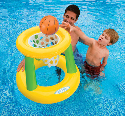 Yellow floating hoop with green legs, mesh basket, and orange basketball in pool