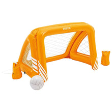 Inflatable soccer goal with net, orange frame, and included air pump and soccer ball