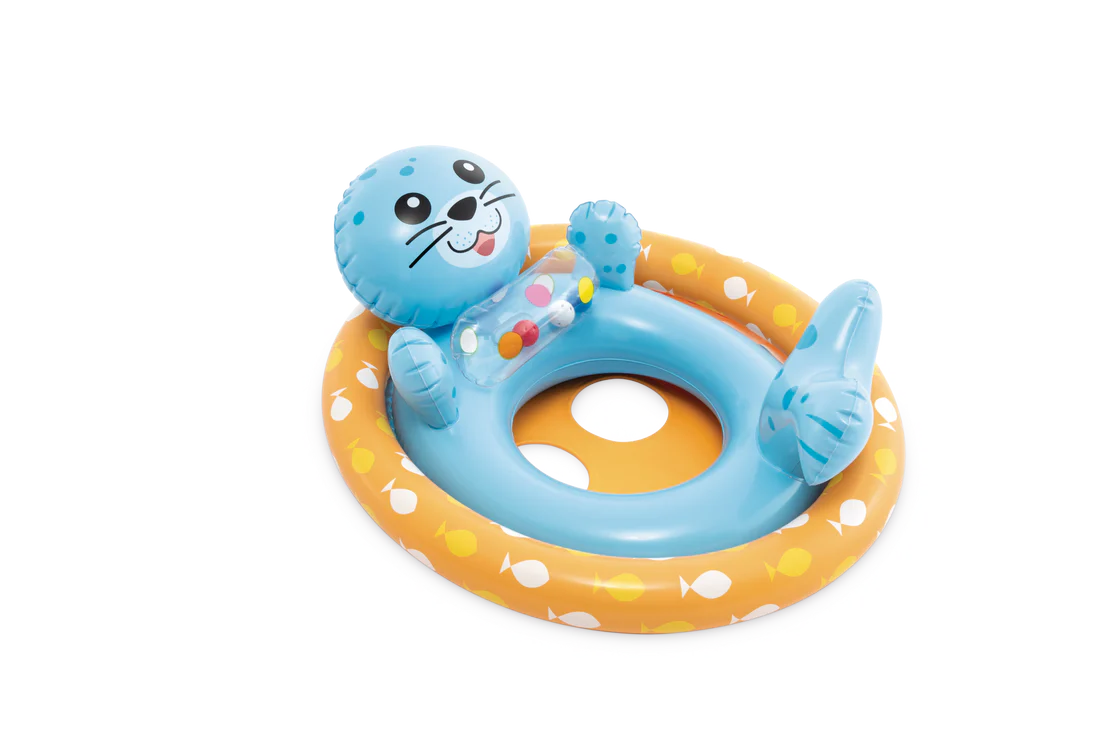Inflatable animal pool float with seat and backrest, blue seal on orange ring