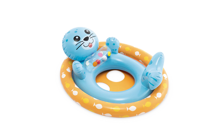 Inflatable animal pool float with seat and backrest, blue seal on orange ring