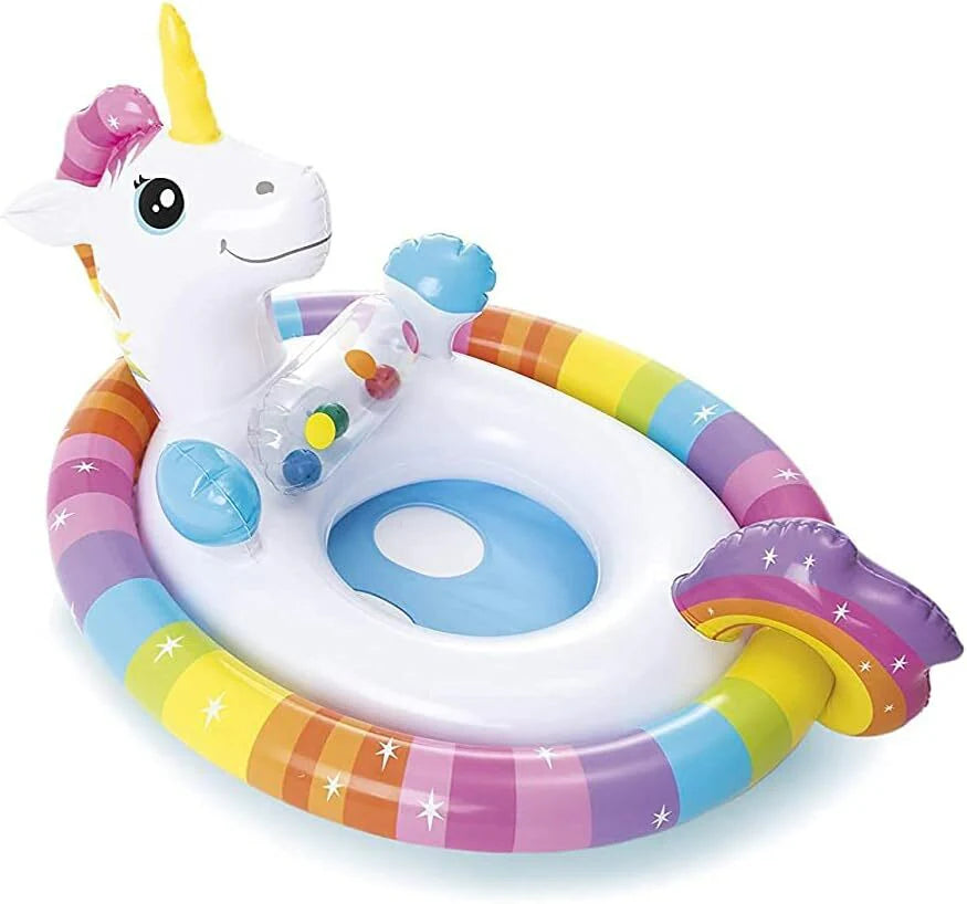 Inflatable unicorn pool float with seat and backrest, pastel rainbow ring