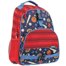 All-over sports print backpack, red and navy with blue trim, front zip pocket