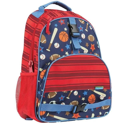 All-over sports print backpack, red and navy with blue trim, front zip pocket