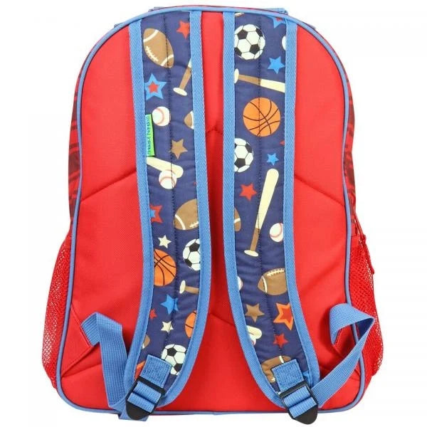 Sports print backpack, red and navy with blue straps and top handle
