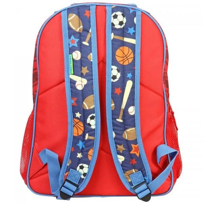 Sports print backpack, red and navy with blue straps and top handle