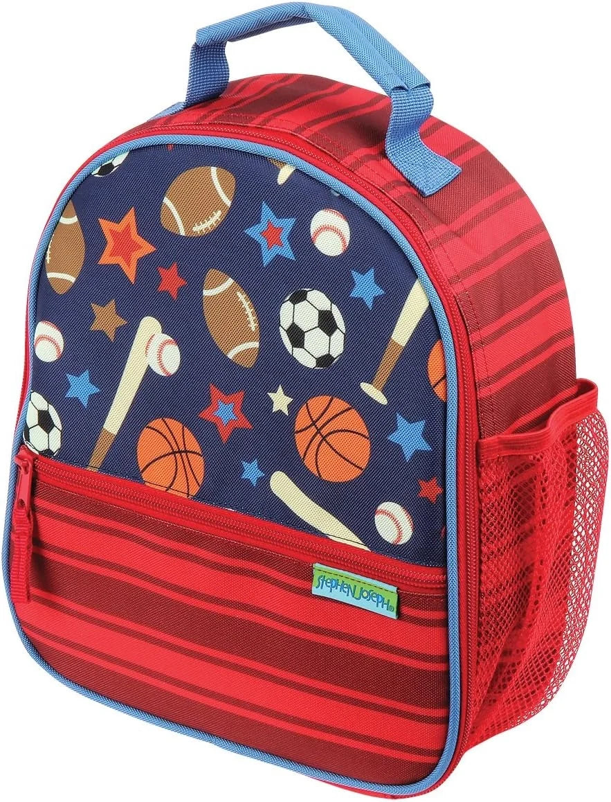 Sports all-over print lunch box with carry handle and mesh side pocket