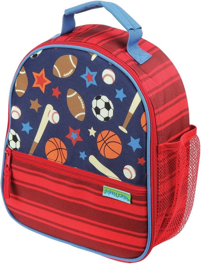 Sports all-over print lunch box with carry handle and mesh side pocket