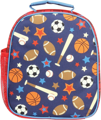 Sports all-over print lunch box with zippered top and carry handle