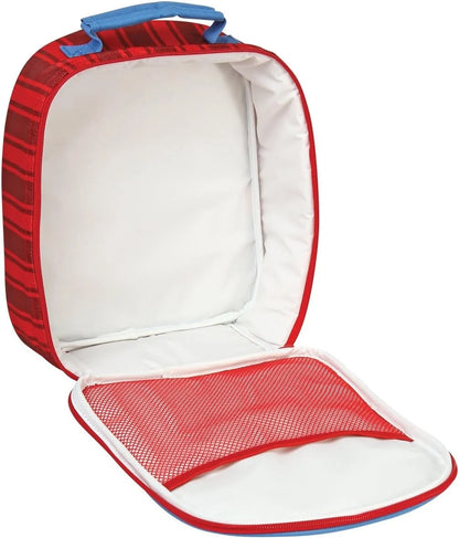 Sports lunch box open with insulated white interior and red mesh lining