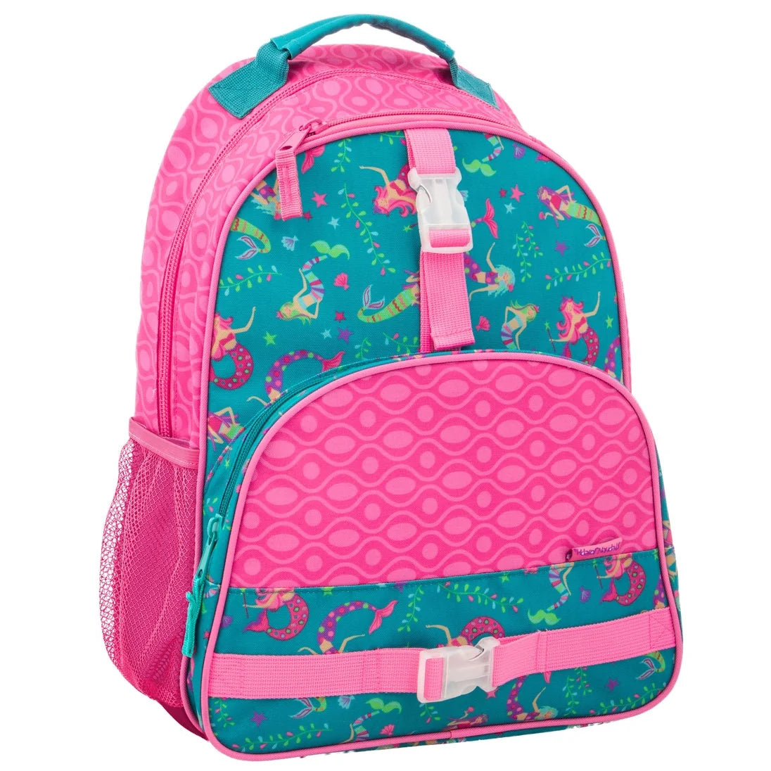 Kids mermaid print backpack in pink and teal, front zip pocket and adjustable straps