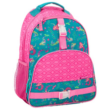 Kids mermaid print backpack in pink and teal, front zip pocket and adjustable straps