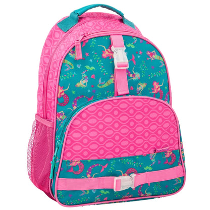 Kids mermaid print backpack in pink and teal, front zip pocket and adjustable straps