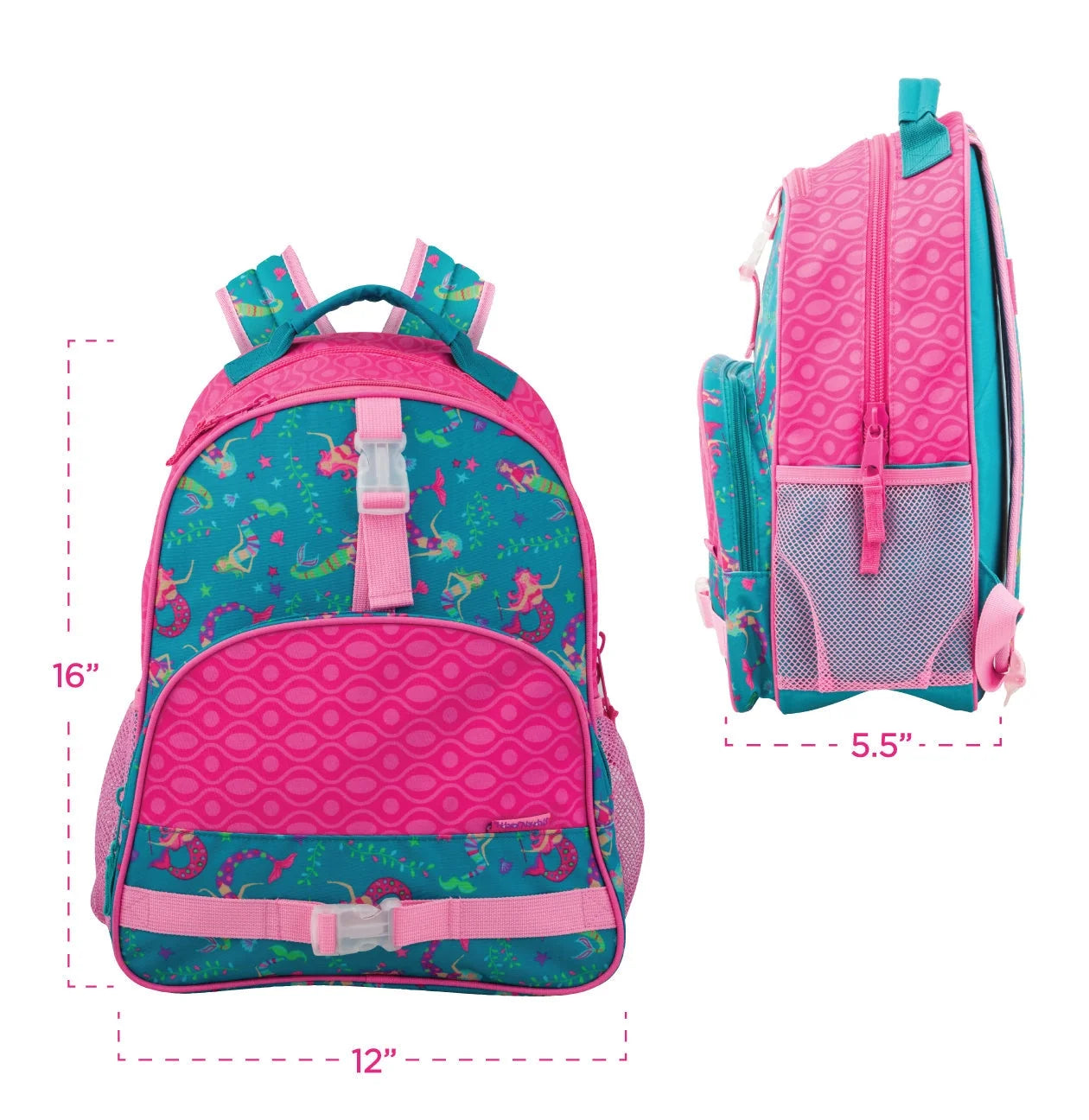 Mermaid print mini backpack with pink shell, teal sides, front and side mesh panels