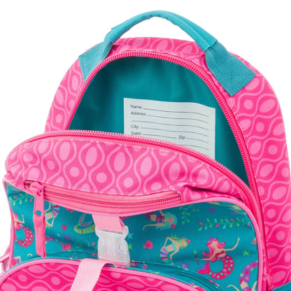 Mermaid print backpack with teal interior and pink top zipper, name/label card window