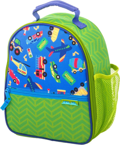 Transportation print lunch box with blue top, green base, front zipper, mesh side pocket.