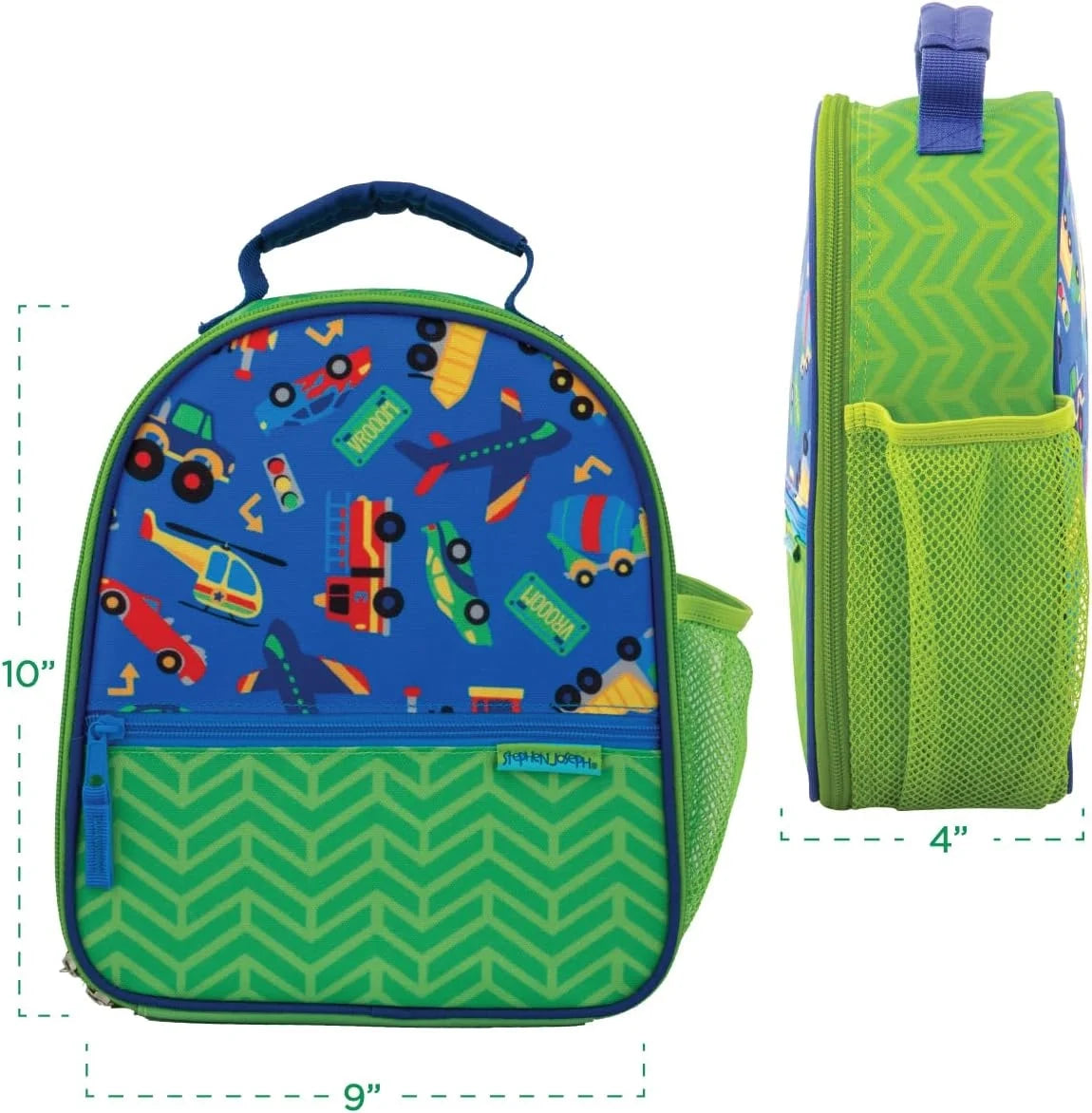 Transportation print lunch box, green mesh side pocket; front zipper, approx 9 in.