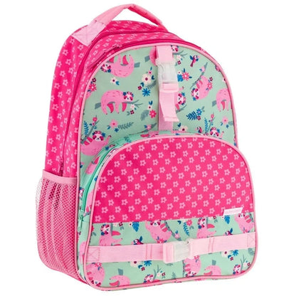 Kids pink all-over print backpack with sloth graphics and mesh side pocket