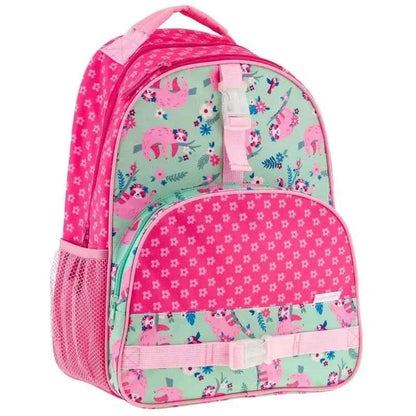 Kids pink and mint backpack with animal all-over print; wide front pouch and straps.