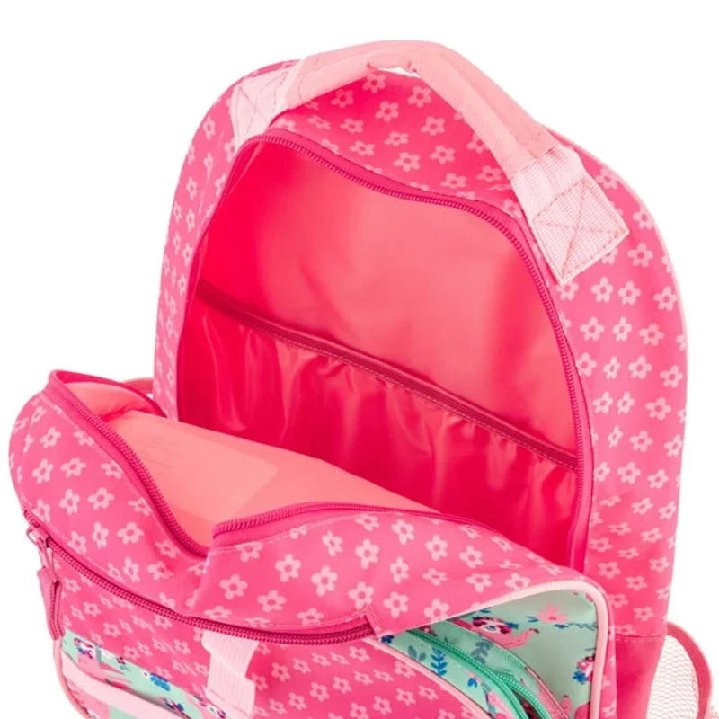 Kids pink backpack with sloth pattern, front zipper and bright red interior lining