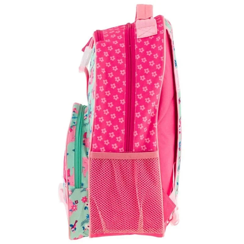 Kids pink sloth print backpack side view with vertical zipper and mesh front pocket