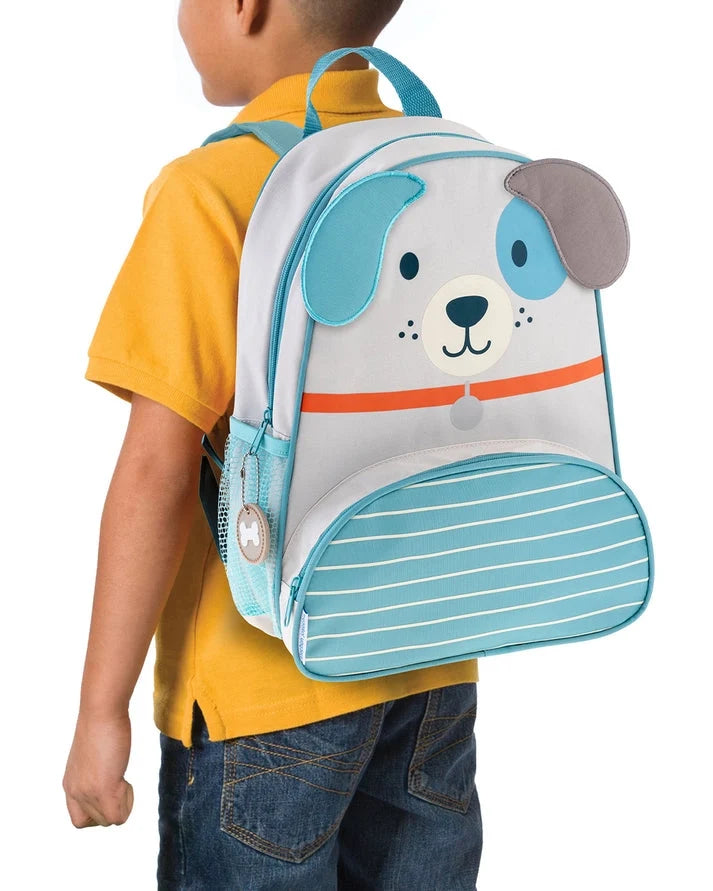 Kids dog character backpack on child, light blue with striped front pocket