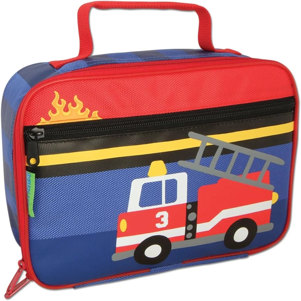 Stephen Joseph firetruck lunch box, red and blue with front zipper and illustrated truck