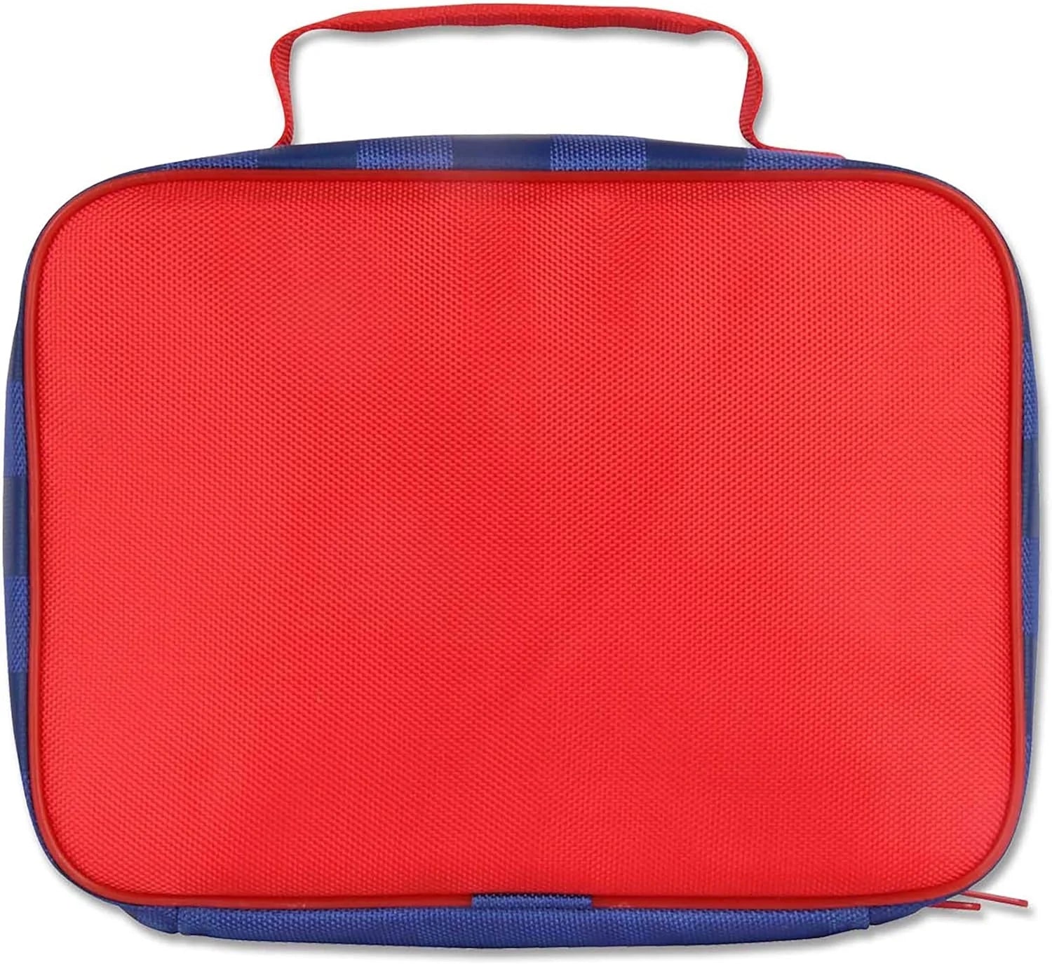 Stephen Joseph firetruck lunch box back, red fabric with blue trim and top carry handle
