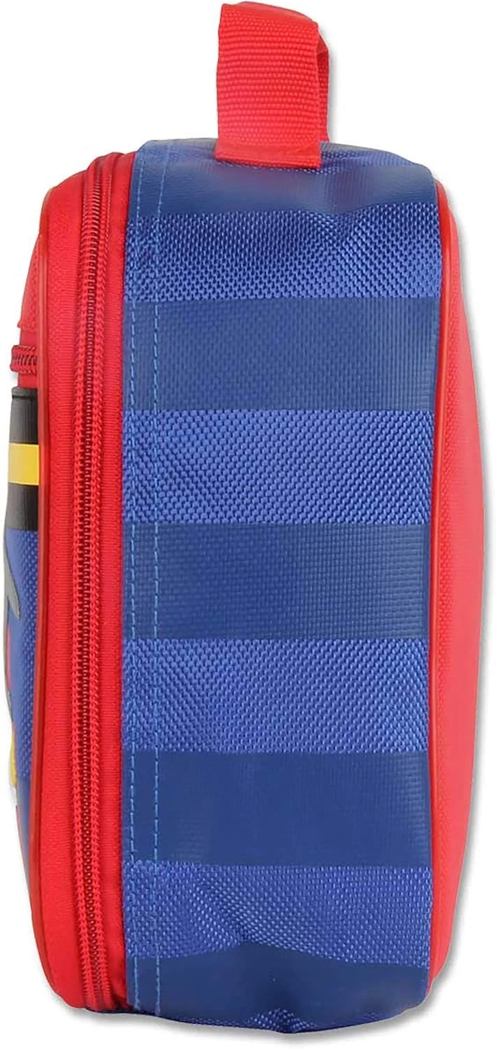 Stephen Joseph firetruck lunch box side, red zipper, blue fabric panels and carry handle