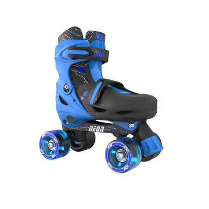 Blue and black inline roller skate with neon wheels and toe cover