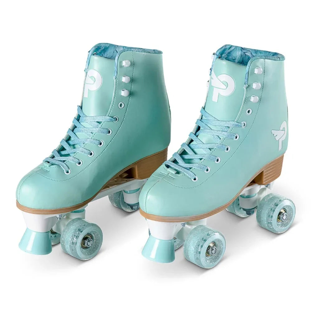Light blue high-top roller skates with laced boot and quad wheels