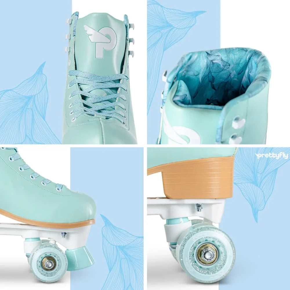 Light blue roller skate boot close-up with laces and frosted quad wheels
