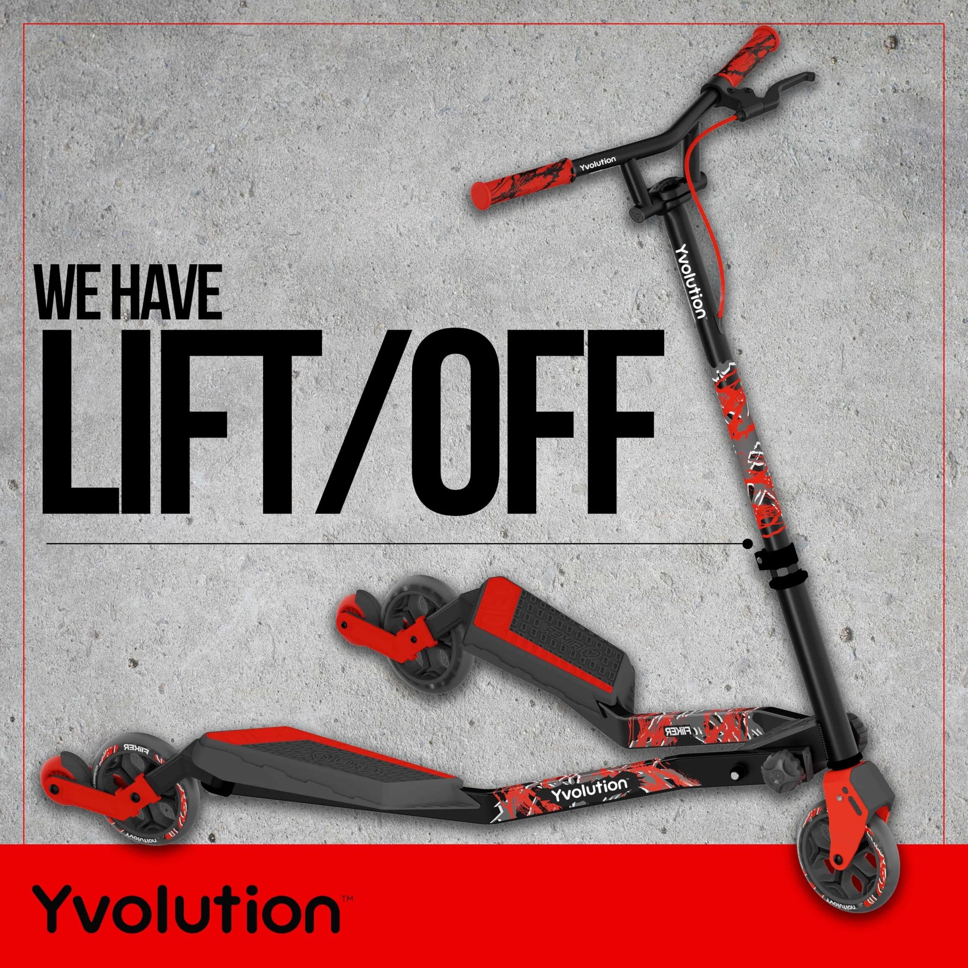 Top view red and black kids kick scooter with standing deck and two front wheels