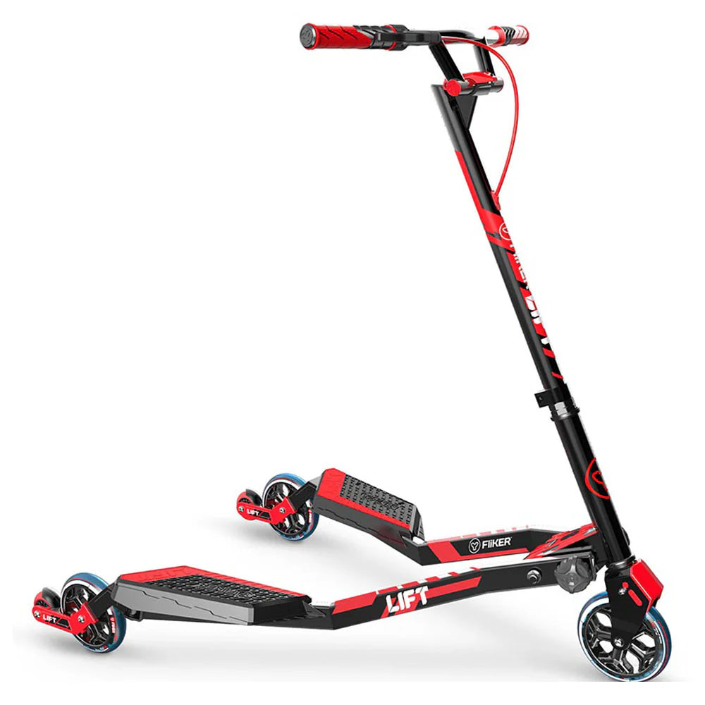 Red and black kick lift scooter with standing deck, handlebars, and four wheels