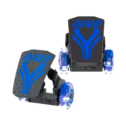 Clip-on heel skates with blue flashing wheels and dark graphic pads