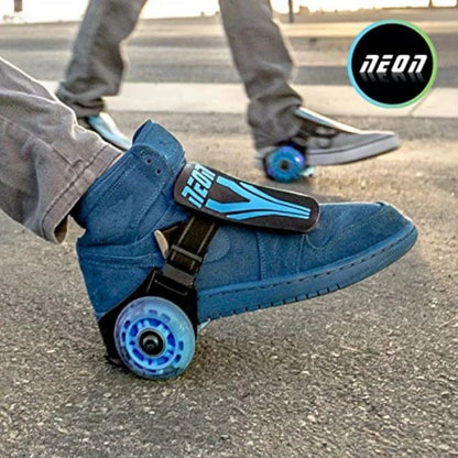 Clip-on heel skate on a blue shoe with blue flashing wheels and black strap