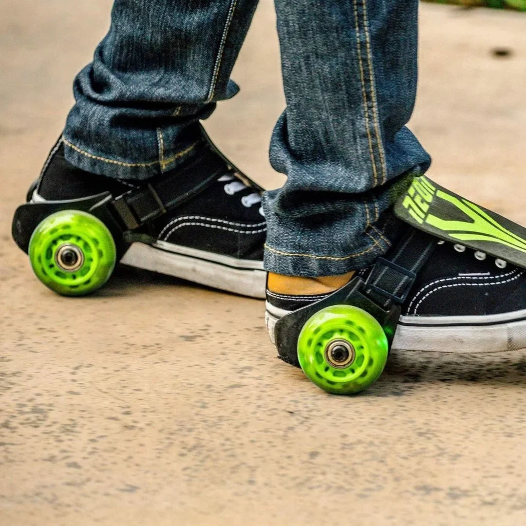 Black roller skates on shoes with neon green wheels and light-up casters