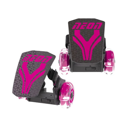 Pink roller skates with black frames and pink wheels, front pair view