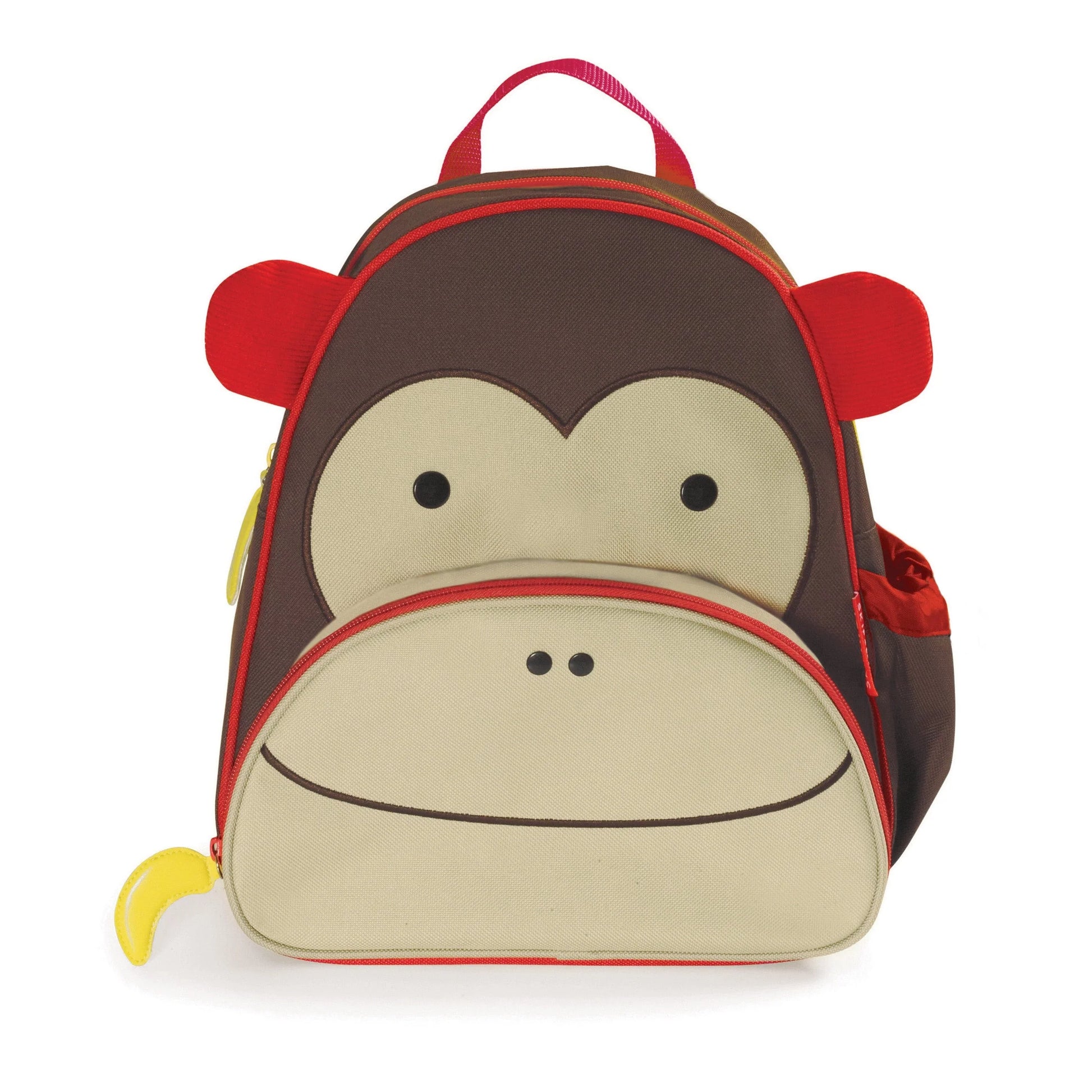 Monkey-themed zoo backpack with red straps, front zipper, plush face applique