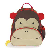 Monkey-themed zoo backpack with red straps, front zipper, plush face applique