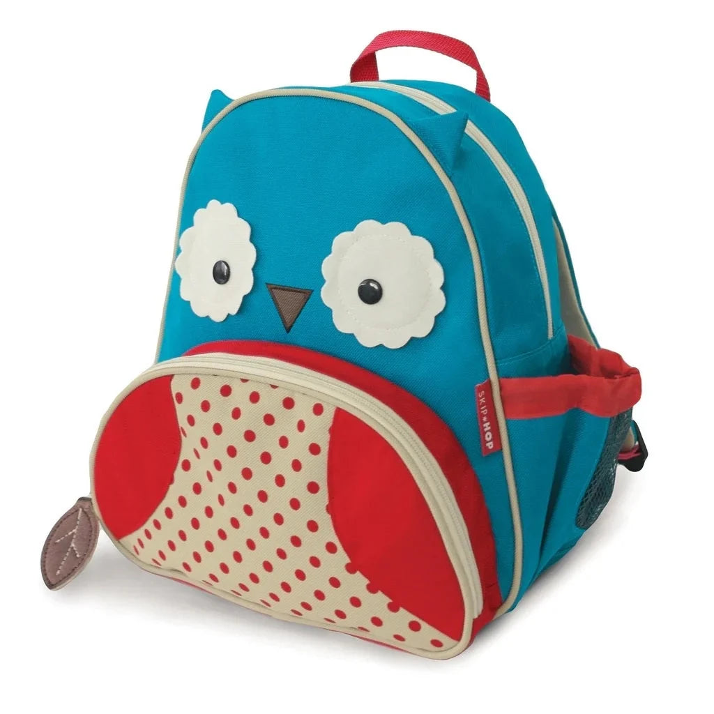 Owl print kids backpack, teal with red accents and side pocket