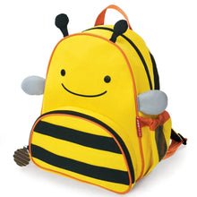 Bee-shaped kids backpack, yellow with black stripes and smiling face, orange trim