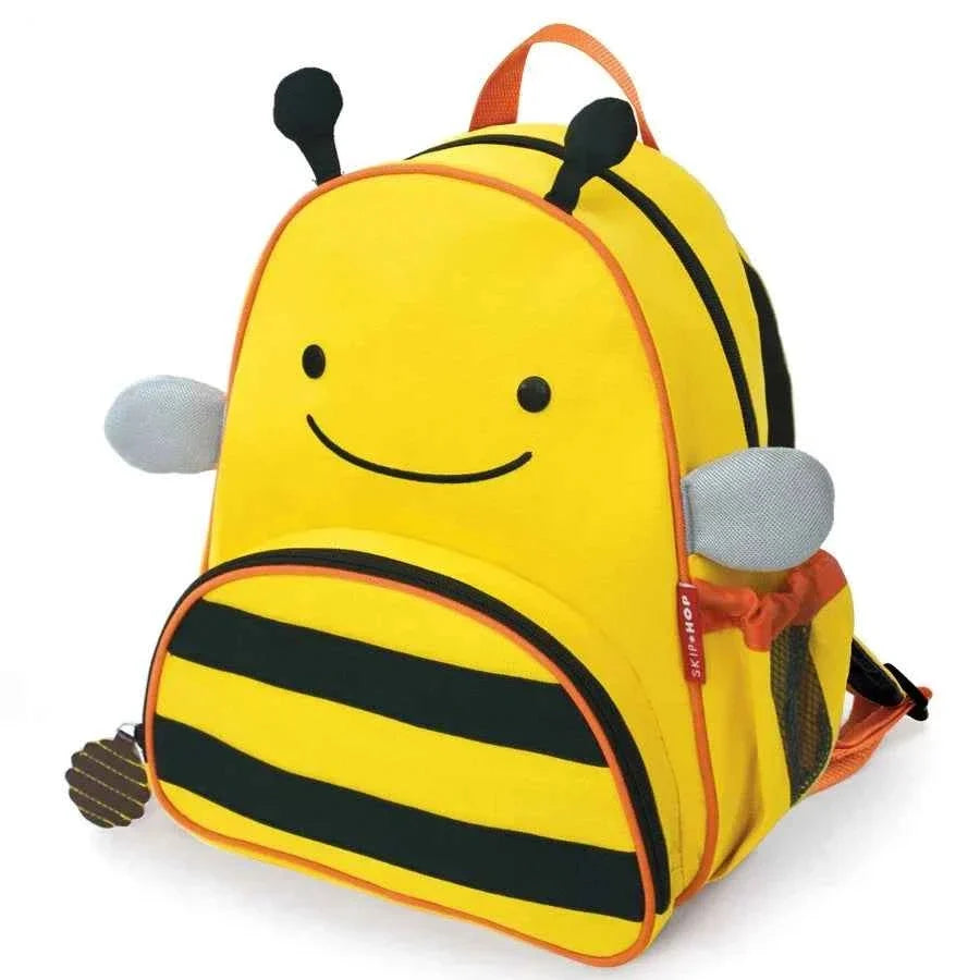 Kids bee backpack, yellow with black stripes and smile face, gray side wings