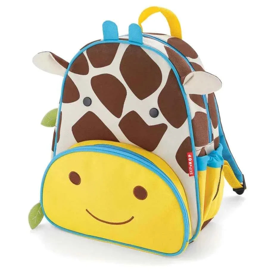 Kids animal backpack with blue trim, large yellow smiling panel, and side pocket