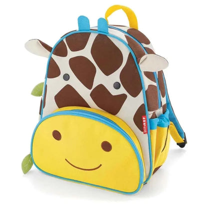Kids animal backpack with blue trim, large yellow smiling panel, and side pocket
