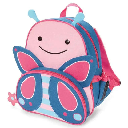 Kids butterfly backpack with smile face, blue and pink, front oval pocket