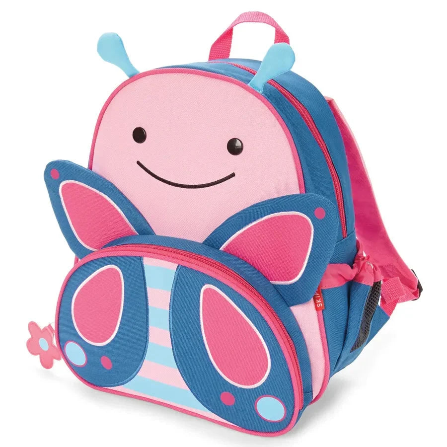 Pink and blue butterfly character backpack with front zipper and smiley face