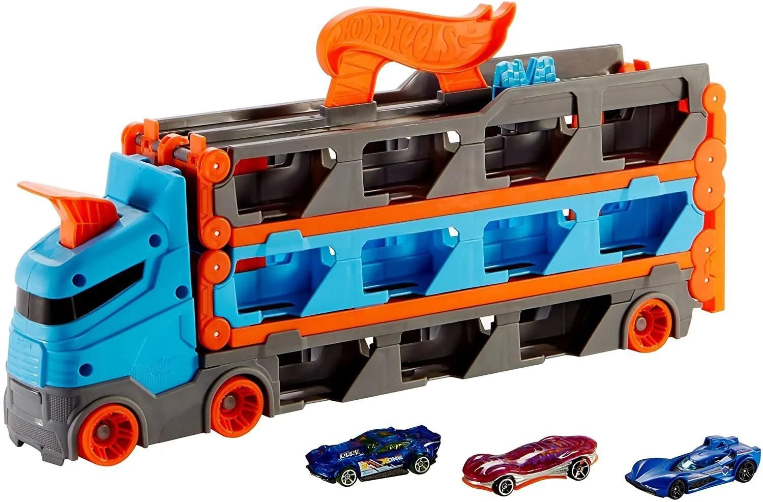 Hot Wheels blue and orange toy hauler truck with open gray carry rack