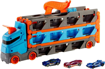 Hot Wheels blue and orange toy hauler truck with open gray carry rack